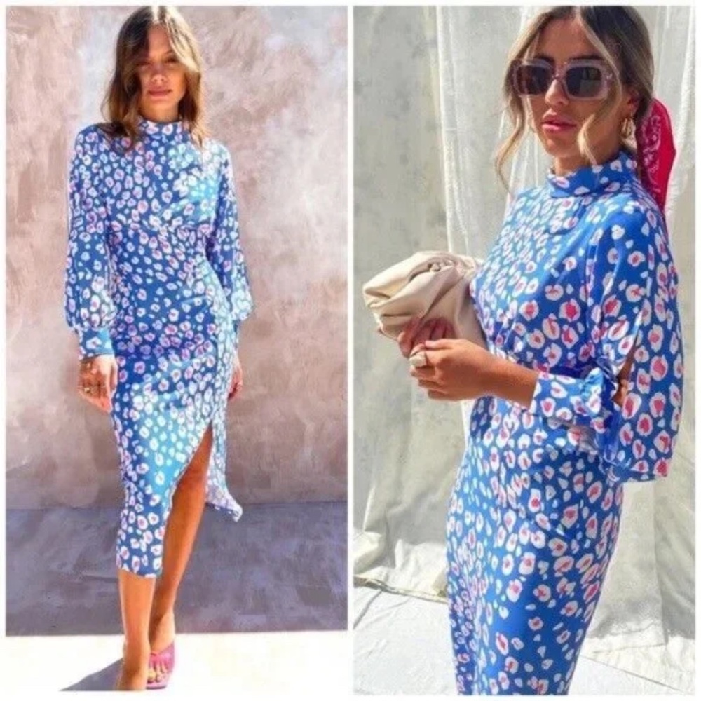 Never Fully Dressed Blue Leopard High Neck Midi Slit Dress